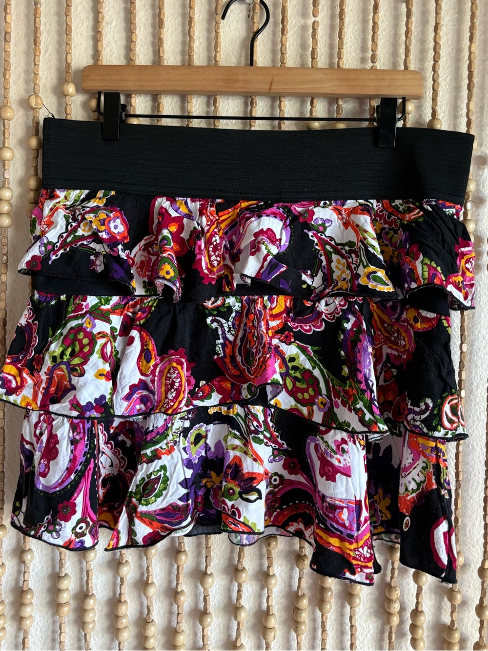 Y2K 2000s Made in USA Colorful Floral Paisley Flirty Tiered Ruffle Stretch Skirt